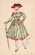 Belle avec canne, robe verte et chapeau rouge