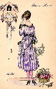 Bonne Ann&eacute;e (Femme attendant minuit devant le coucou et cachant un gui dans le dos demandant de garder le secret le doigt sur la bouche)