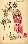 Bonne Ann&eacute;e (Femme respirant vase de chrysanth&egrave;mes en peignoir rose)
