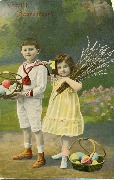 Vroolijk Paaschfeest-Gar&ccedil;on et fille et paniers oeufs 