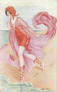 Baigneuse se lan&ccedil;ant dans la mer (rose)