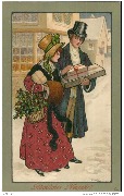 Glükliches Neujahr! (un couple élégant portant des cadeaux dans une rue enneigée)