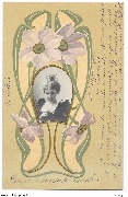 Portrait de femme incrusté dans cadre art nouveau aux fleurs blanches