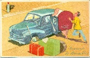 Souvenir de Bruxelles. Grosse dame essaie de rentrer en voiture , les bagages sur le trottoir Souvenir de Bruxelles. Grosse dame essaie de rentrer en voiture , les bagages sur le trottoir