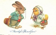 Vroolijk Paaschfeest (Rencontre entre lapin et poussin)
