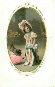 Fillette en robe et chapeau de dame face à une poule sur un gros oeuf de Pâques