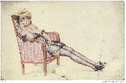 Femme assise en d&eacute;shabill&eacute;, tenant un tricot avec une pelote de laine jaune