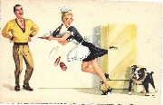 Serveuse avec jupe coinc&eacute;e dans la porte du frigo et chien