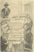 Nouveau programme des fêtes de Bruxelles. Emile de Mot (à gauche) et Bruls devant Manneken-Pis