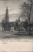 Anvers - La Place Verte - Statue de P.P. Rubens et la Cathédrale