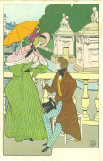 Une dame à l'ombrelle et son galant discutant devant le parc royal