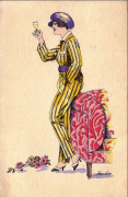 Femme à la garçonne debout contre un fauteauil tenant un verre de vin blanc