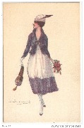 Femme à ombrelle et bouquet de fleurs