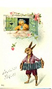 Joyeuses Pâques(Un lièvre faisant la sérénade à un poussin)