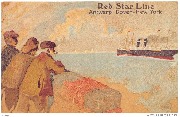 Red Star Line. Antwerp-Dover-New-York (trois hommes appuyés à un parapet regardent passer un paquebot)