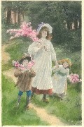 Jeune femme et deux enfants fleuris se promenant 