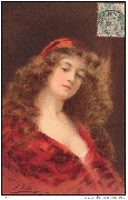 Portrait d'une femme en robe rouge - de trois quart gauche
