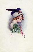 Femme en buste avec chapeau blanc couvert de bleu et grande plume noire