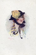 Femme en buste avec chapeau noir en forme de casque anglais et grosse rose beige