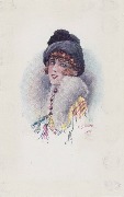 Femme en buste avec chapeau avec boule noire et col de fourrure blanche