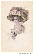 Femme au grand chapeau orné de roses et de plumes d'autruche