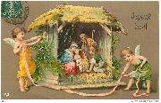 Joyeux Noël (2 anges décorant une crèche)