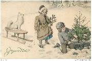 Joyeux Noël (2 enfants avec un traineau, l'un d'eux scie un sapin)