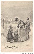 Bonne Année (sur une route enneigée parents avec deux enfants portant des cadeaux)