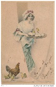 (une femme tenant un plateau d'oeufs apparait au milieu de 2 rideaux blancs, devant, poule et poussins)