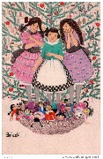 (Devant un arbre de Noël, 3 petites filles contemplent un panier de poupées)