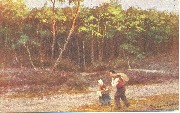 Couple de paysans marchant en bordure de forêt