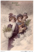 Heureuse Année !(3 jeunes femmes avancant dans la neige avec du gui et un sapin)