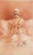 Femme assise dans son lit, de face seins nus
