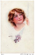 Jeune femme à la cigarette, un bouquet de fleurs violettes sur son corsage