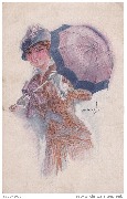 Jeune femme à l'ombrelle mauve au bord bleu