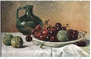 Pichet, assiette de cerises et prunes