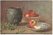 (Vase en fer avec branche de gui,panier et assiette de pommes)