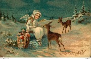 Joyeux Noël (2 bichent viennent vers un ange assis près de sa hotte de jouets)