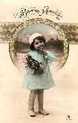 Bonne Année-Fillette dans un médaillon tenant un bouquet de houx