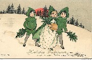 Herzlichen Glückwunsch zum neuen Jahre (dans la neige, une fille et 2 garçons en capuche verte)