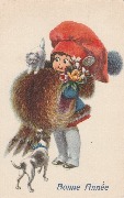 Bonne Année (enfant au gros manchon et grand chapeau rouge+chaton et chien)