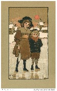 (Une fillette et un petit garcon marchant sur la glace)