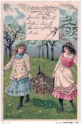 Fröhliche Ostern!(deux jeunes filles portent un panier contenant des oeufs et un lapin)