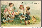 Heureuses Pâques (fillettes proposant un oeuf de Pâques à un jeune garçon)