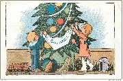 Bon Noël (2 enfants mettent une banderole sur un arbre de Noël)