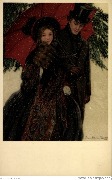 Couple vêtu de noir s'abritant de la neige sous un parapluie rouge