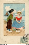 (pêcheur hollandais avec un bouquet devant une jeune hollandaise)