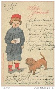 Herzlichen Glückwunsch (jeune garçon tenant une lettre, accompagné d'un teckel)