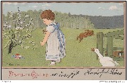 Fröhliche Ostern (un enfant découvre dans l'herbe des oeufs multicolores)