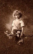 Heureuses Pâques (enfant blond debout tenant une branche de fleurs blanches)